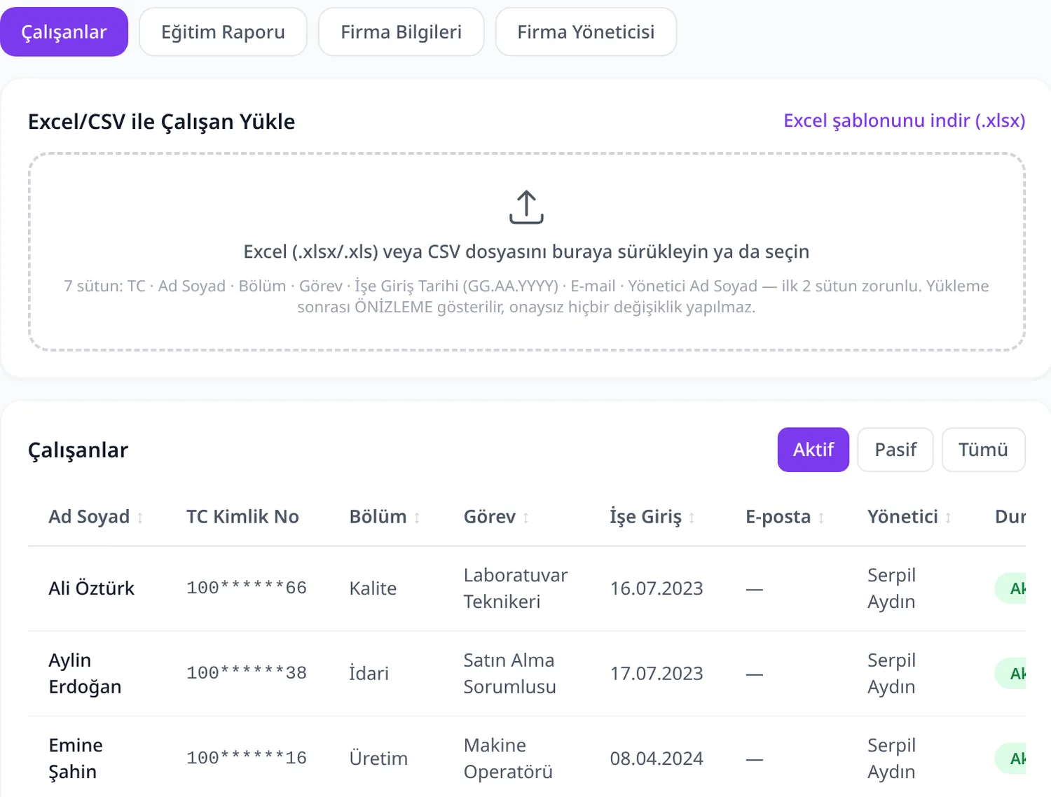 QD yönetim paneli: Excel veya CSV ile çalışan yükleme alanı ve kimlik numaraları maskelenmiş çalışan listesi
