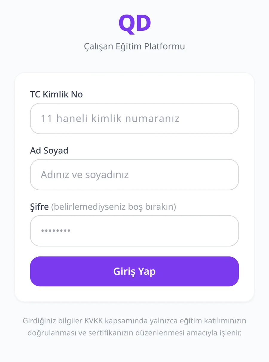 QD çalışan giriş ekranı telefonda: TC kimlik no ve ad soyad alanları, şifre isteğe bağlı